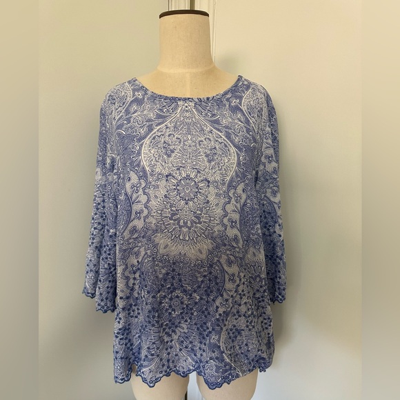 Multiples Tops - “Multiples” Medium blue and white paisley print w/eyelet border P2P 22"